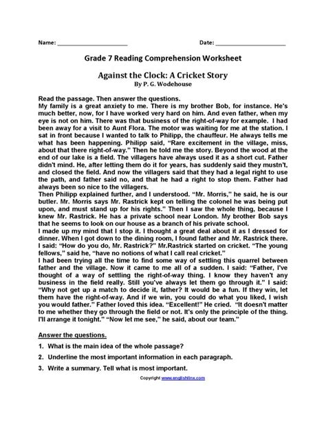 Reading Comprehension Worksheets Grade 7