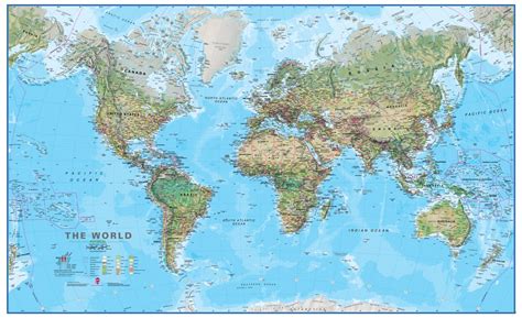 Physical Map Of The World Laminated Wall Map
