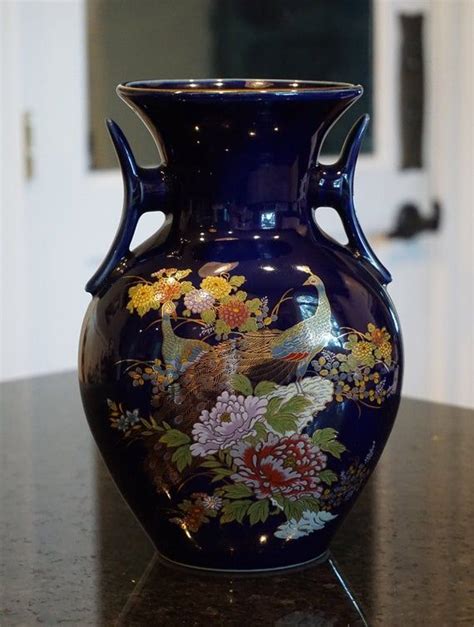 Vintage Cobalt Blue Double Handled Japanese Peacock Vase Made In