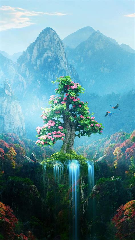 2k Free Download Tree Magic Mountain Mountains View Fantasy