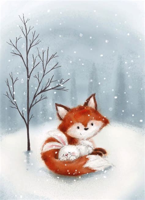 Animal Mixed Media Fox And Rabbit 1 By Makiko Christmas Paintings
