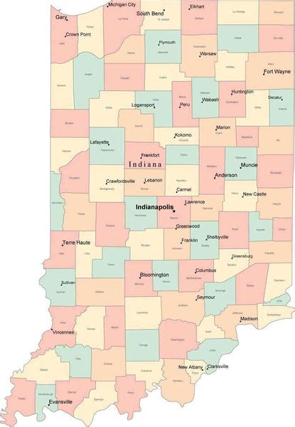 Multi Color Indiana Map With Counties Capitals And Major Cities