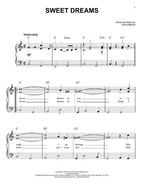 Sweet Dreams Sheet Music Patsy Cline Easy Piano