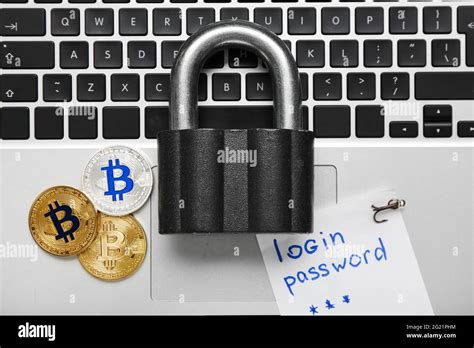Laptop Lock Bitcoins And Paper With Text Login Password Hacking