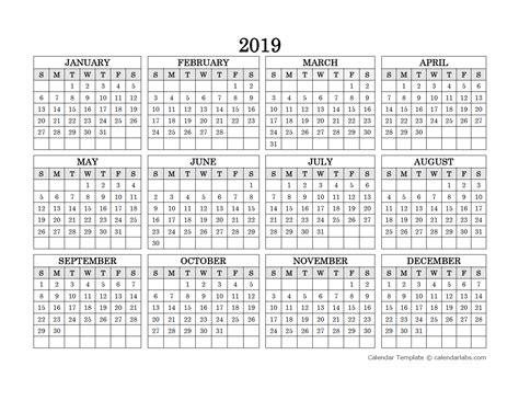 2019 Blank Yearly Calendar Landscape Free Printable Templates