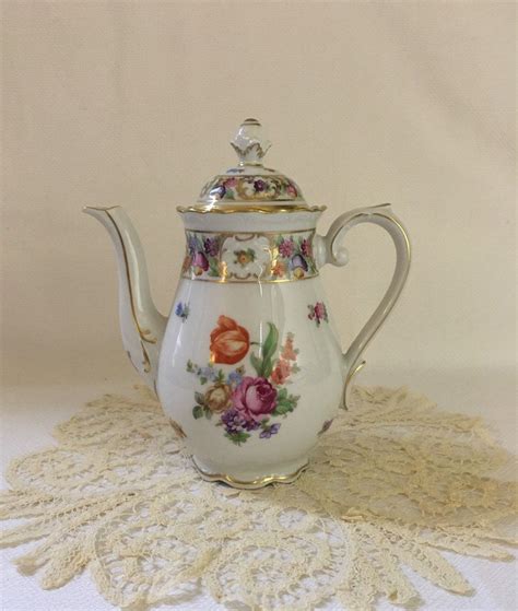 Elegant french victorian roses chocolate cocoa pot antique limoges france chocoliatiere hand decorated tea roses fine vintage heirloom china painting art studio décalcomania floral design rare pot w figural raised relief gracious shape handle ca 1900: Schumann Bavaria China Empress Dresden Flowers Pattern ...