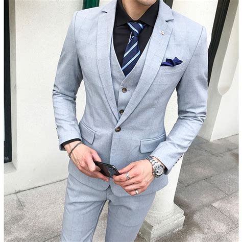 3piece Plaid Suits For Men Blue Light Purple Mens Wedding Costume Tern