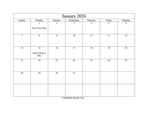 Download January 2024 Printable Calendar Holidays Word Version