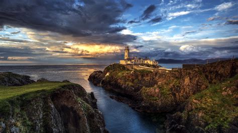 Wallpaper Ireland Lighthouse Ocean Seascape Sunset Clouds