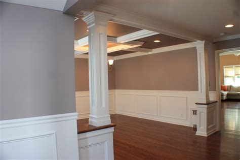 The height of your home's ceilings often determines the length of your curtain panels, as builders there is a gap between the curtain rail and the ceiling and you may want the curtains to drape on the floor so i then mounted the 10 foot long horizontal track to these brackets and i started to get excited. Coffered Ceiling, Wainscott, Moulding, Dining Room