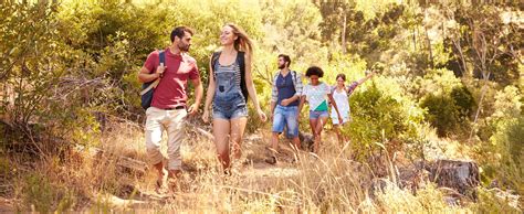 Group Of Friends On Walk Through Countryside Together Stock Photo