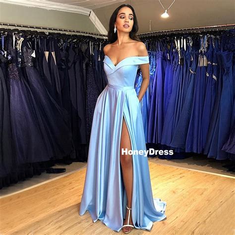 Honey Dress — Light Blue Long Off Shoulder Long Prom Dresses A Line