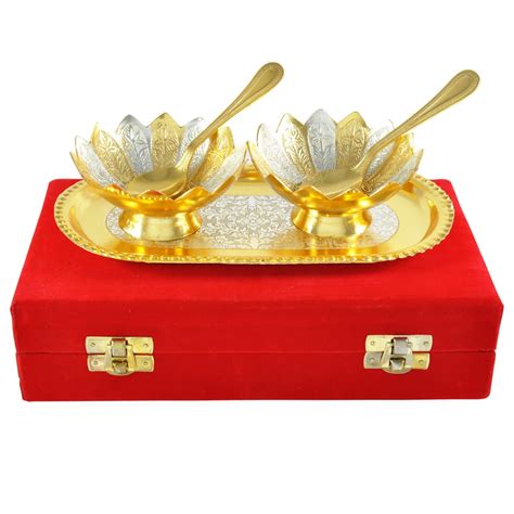 Silver gift items for housewarming with price. Gold and Silver Plated Brass Bowl Tray Set | Silver Plated ...