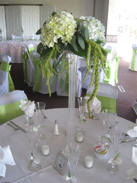 Tall centerpieces of hydrangeas, created by Floribunda Designs