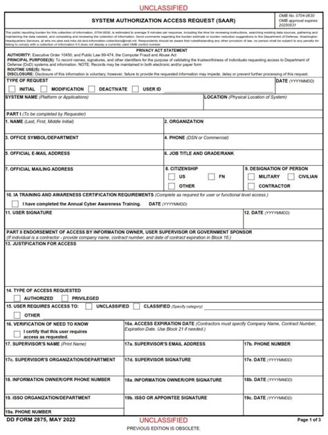 Dd Form 2875 System Authorization Access Request Saar Dd Forms