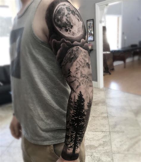 Black And Grey Realism Moon Night Sky Mountain Forest Trees Sleeve