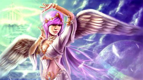 purple hair fantasy angel girl wings feather wallpaper girls