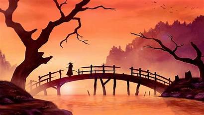 Samurai Sunset Painting Bridge Landscape Japanese Japan