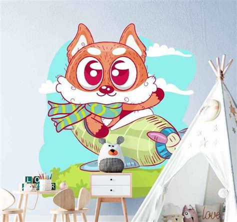 Cute Cartoon Fox Is Flying Nursery Wall Sticker Tenstickers