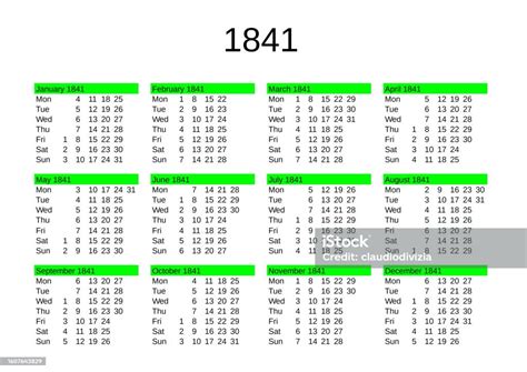 Year 1841 Calendar In English Stock Illustration Download Image Now