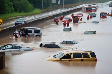 Flash Flood Rescue On A Busy Highway With Cars Stranded In The Rising Water Stock Image Image