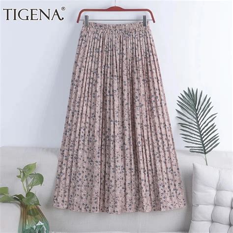 TIGENA Chiffon Long Pleated Skirt Women Fashion 2024 Summer Floral