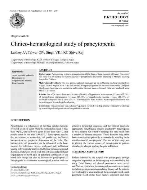 PDF Clinico Hematological Study Of Pancytopenia