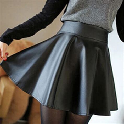 Fashion Women Faux Leather Skirt High Waist Skater Flare Mini Skirt Above Knee Solid Color