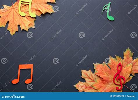 Beautiful Autumn Leaves With Musical Notes On Dark Background Stock