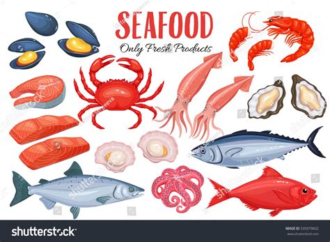 Seafood In Cartoon Style Vector Icons Mussel Fish Salmon Shrimp