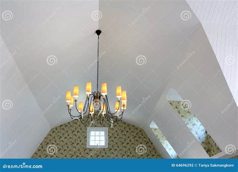 Chandelier Hang On Sloped Ceiling Stock Photo Image Of Wallpaper