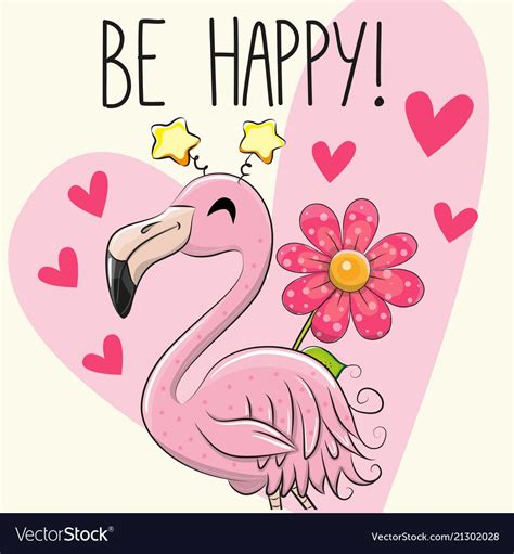 Be Happy Greeting Card With Cute Cartoon Flamingo Download A Free