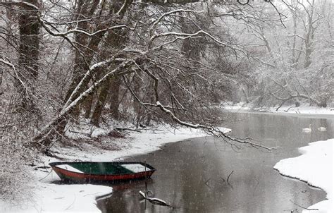 Wallpaper Winter Snow River Boat Images For Desktop Section природа