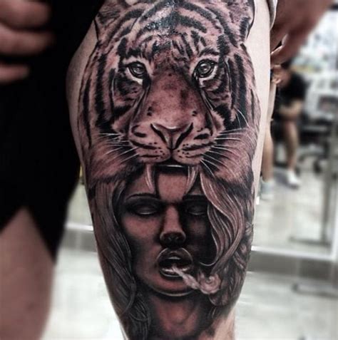 Maybe you would like to learn more about one of these? Realistic Tiger Head With Girl Face Tattoo On Thigh | Girl ...