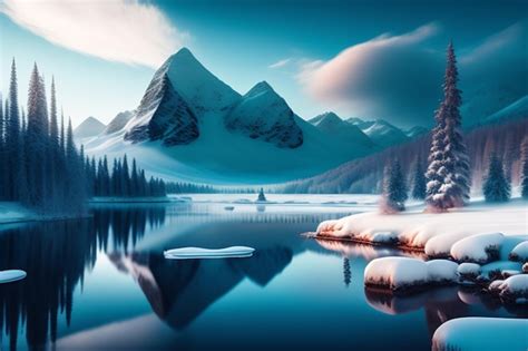 Premium Photo A Snowy Mountain Landscape With A Lake And Mountains In