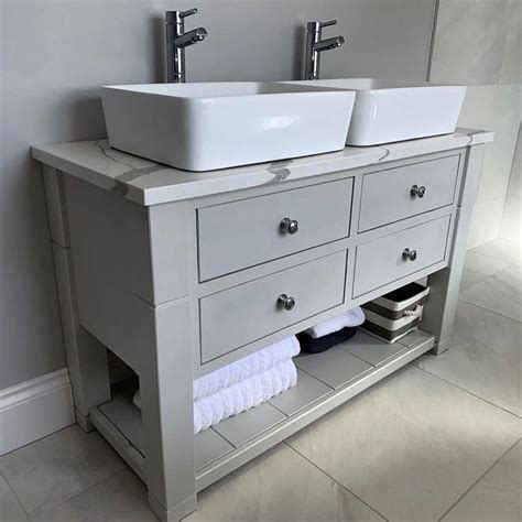 Double Sink Vanity Unit Custom Made White Marble Effect Quartz Top
