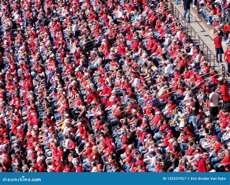 Crowd Of Football Fans Wearing Red Clothes Watching Game Editorial
