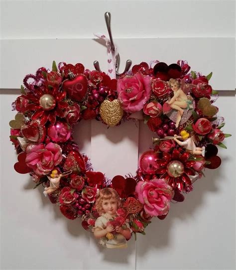Valentines Day Wreath Vintage Collage Red Pink Fuchsia Gold Cottage