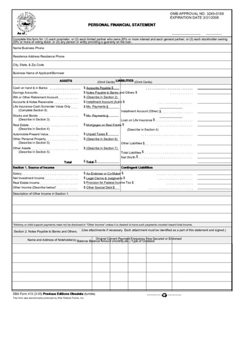 Sba Form 413 Fillable Printable Forms Free Online