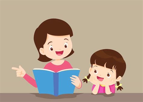 Happy Cute Kid Girl Listen To Mother Read Book Premium Vector