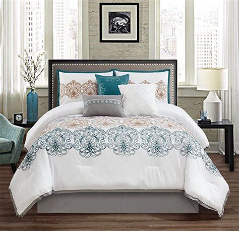 Chezmoi Collection Serenity 7 Piece Tealgraywhite Embroidered