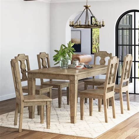 Haysi Rustic Solid Wood Dining Table 6 Chairs Set