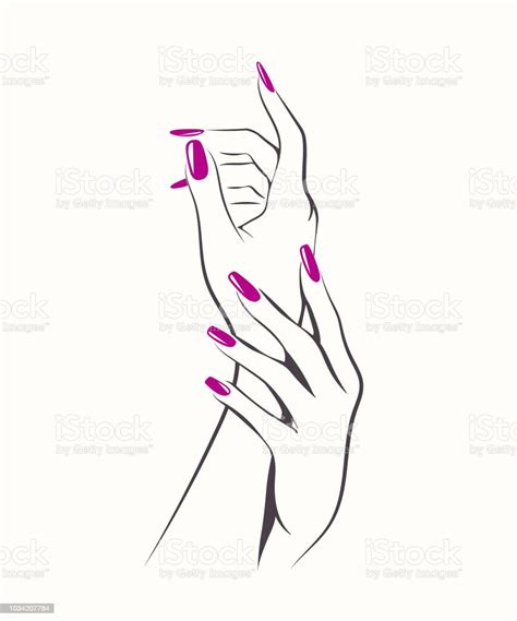 Beautiful Woman Hands With Elegant Purple Nail Polish Manicure Stock