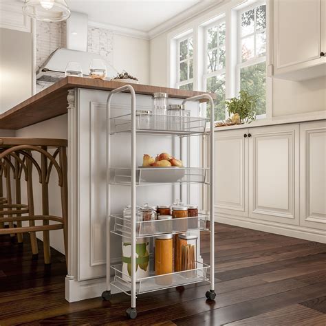 4 Tiered Narrow Rolling Storage Shelves Mobile Space Saving Utility