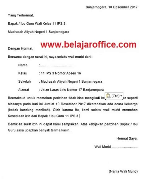 9 contoh surat izin tidak masuk sekolah, kuliah, kerja karena sakit dll lengkap +doc. Contoh Surat Izin Tidak Masuk Sekolah Karena Acara Keluarga