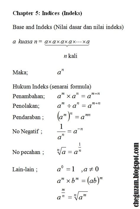 Nota Matematik Tingkatan 3  Bab 5  Indices (Indeks)  ! Chegu Zam