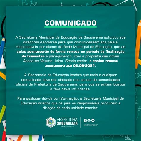 Comunicado Aulas Na Rede Municipal De Educa O Prefeitura De Saquarema