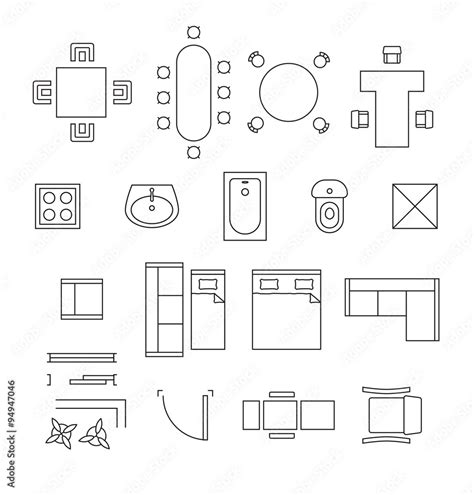 Furniture Linear Vector Symbols Floor Plan Icons Set Stock Vector