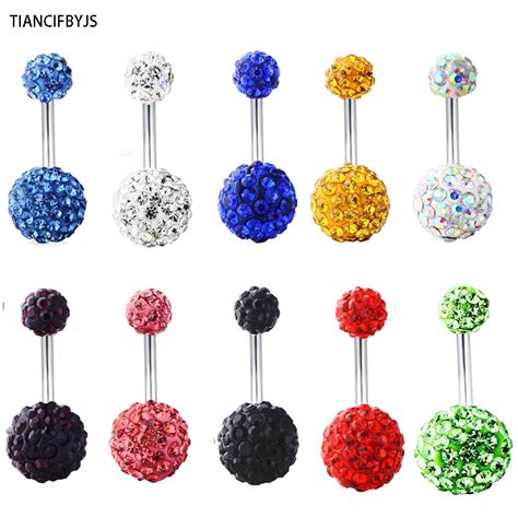 tiancifbyjs surgical steel navel bar disco crystal ball belly button rings sexy body jewelry 14g