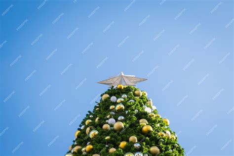 Premium Photo Silver Star On The Top Of Christmas Tree With Blue Sky